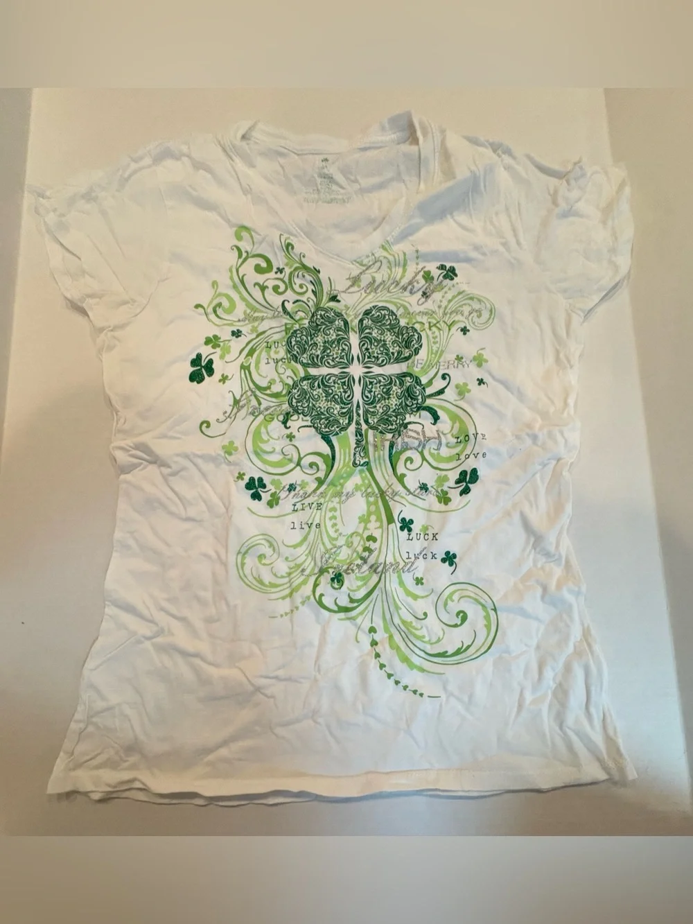 Women's White Short-Sleeve Tee with Green Clover Graphic